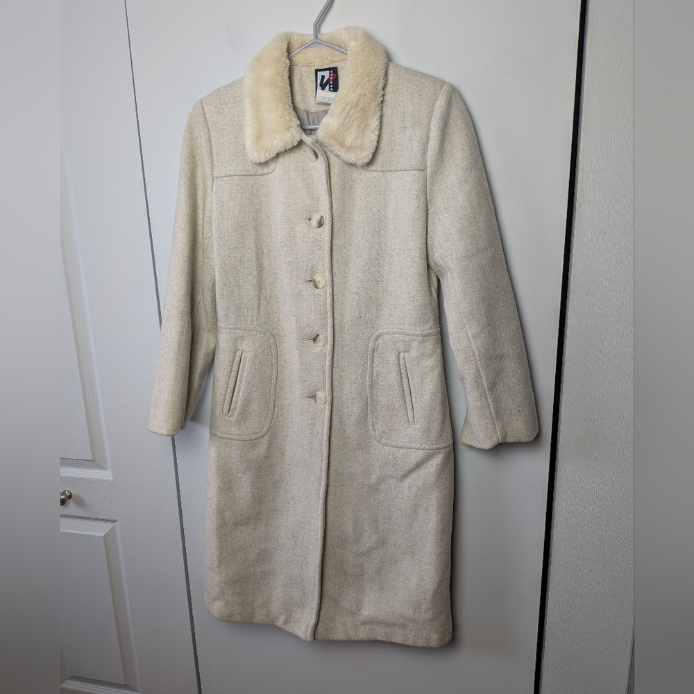 EXCHANGE Y2K Vintage Winter Women Trench Coat Off White Size 6 80% Wool Pockets